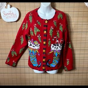 🎄Hand-painted holiday sweater, classy, dressy, upscale, cardigan, star buttons